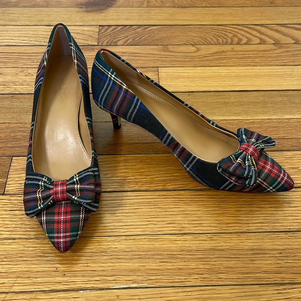 J Crew Tartan Plaid Kitten Heel Pump with bows